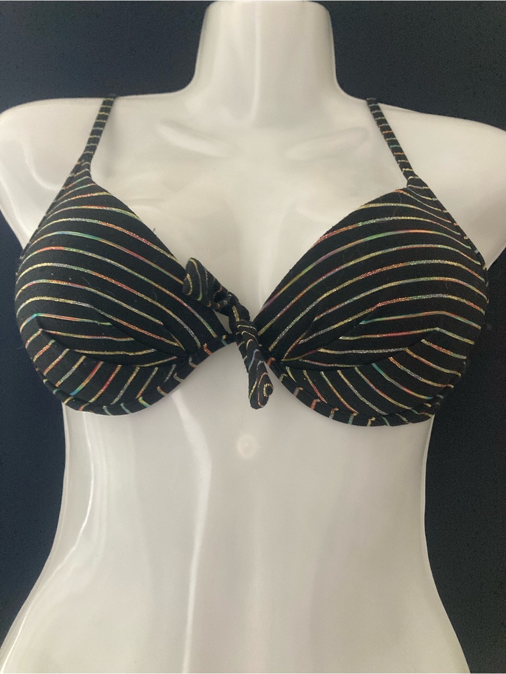 Body Glove Black Metallic Stripe Bikini Top 36C Y2K
